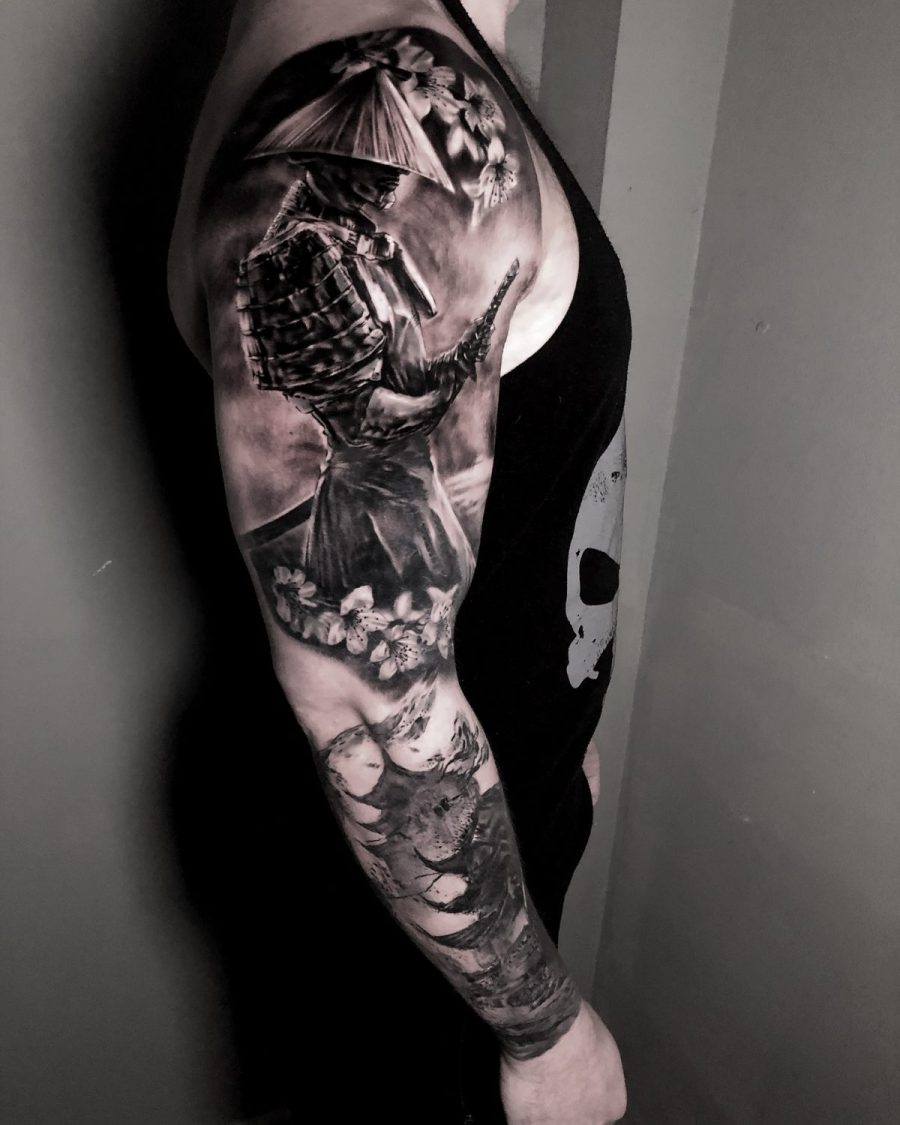 Samouraï réaliste — Jordy Bones, realisme, OKO Tattoo Genève