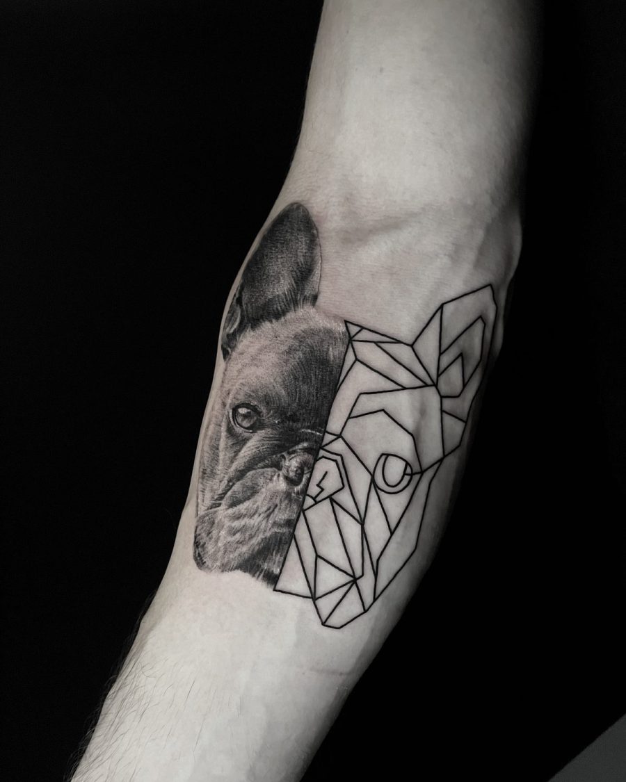 Bouledogue réalisme / géométrie — Jordy Bones, realisme, OKO Tattoo Genève