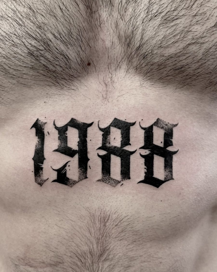 1988 lettering — Milos Premier, blackwork, OKO Tattoo Genève