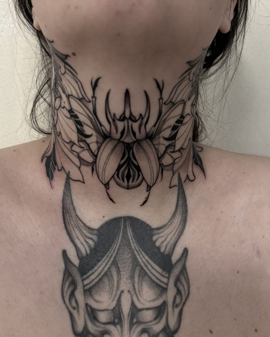 Hannya et scarabée — Milos Premier, japonais, OKO Tattoo Genève